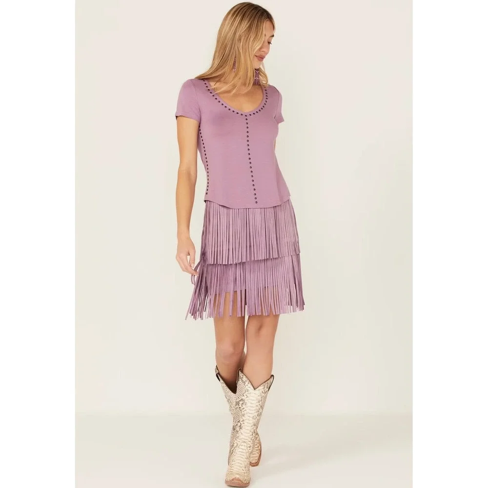 NWT Idyllwind Purple Fringe Faux Suede Skirt Size XS